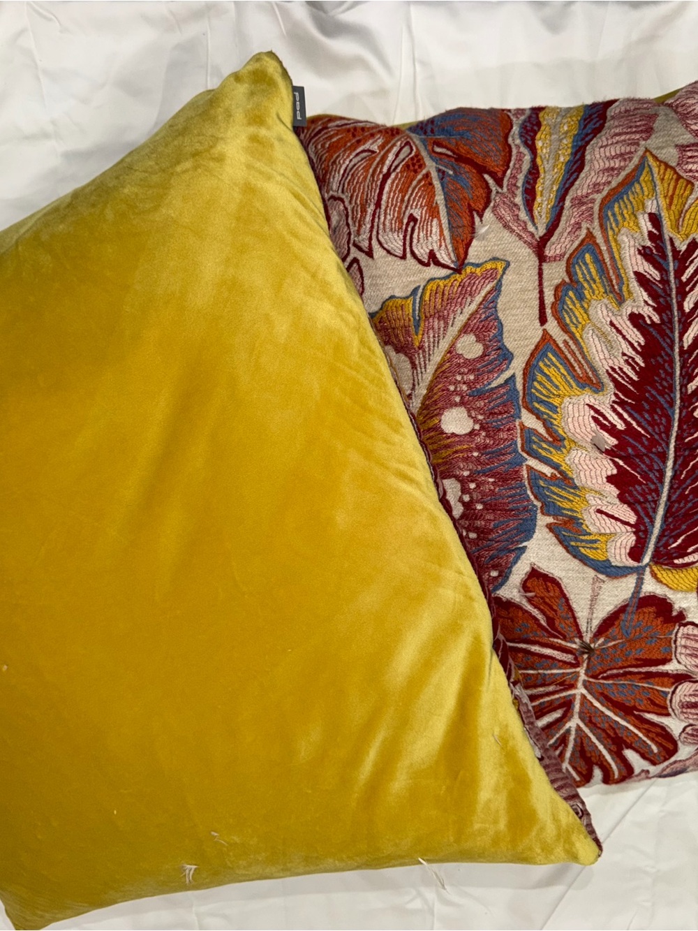 Mustard Velvet Accent Pillow with Floral Embroidered Back